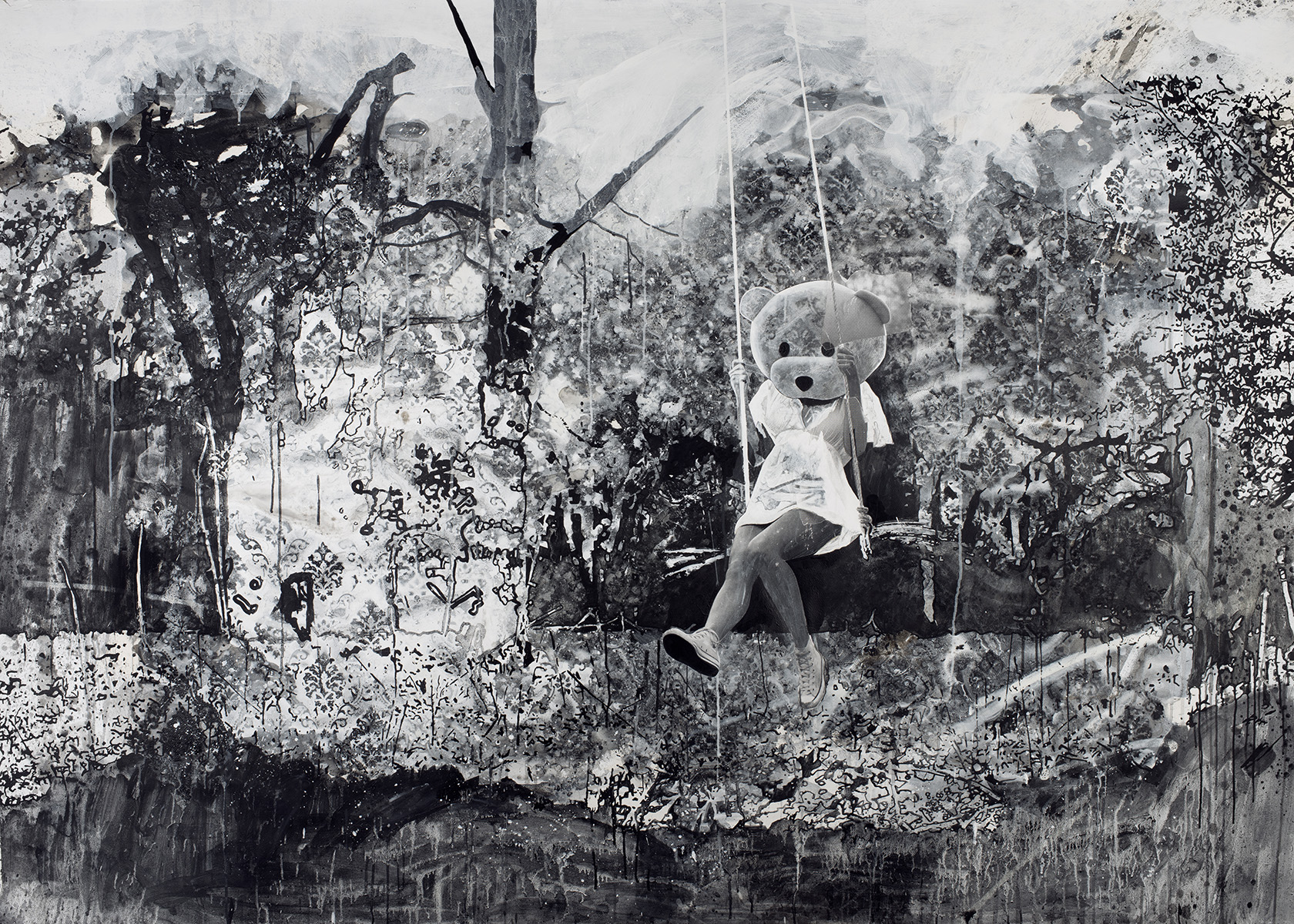 The Apple Tree - Pink Bear mixed media painting by Paul Robinson fine artist