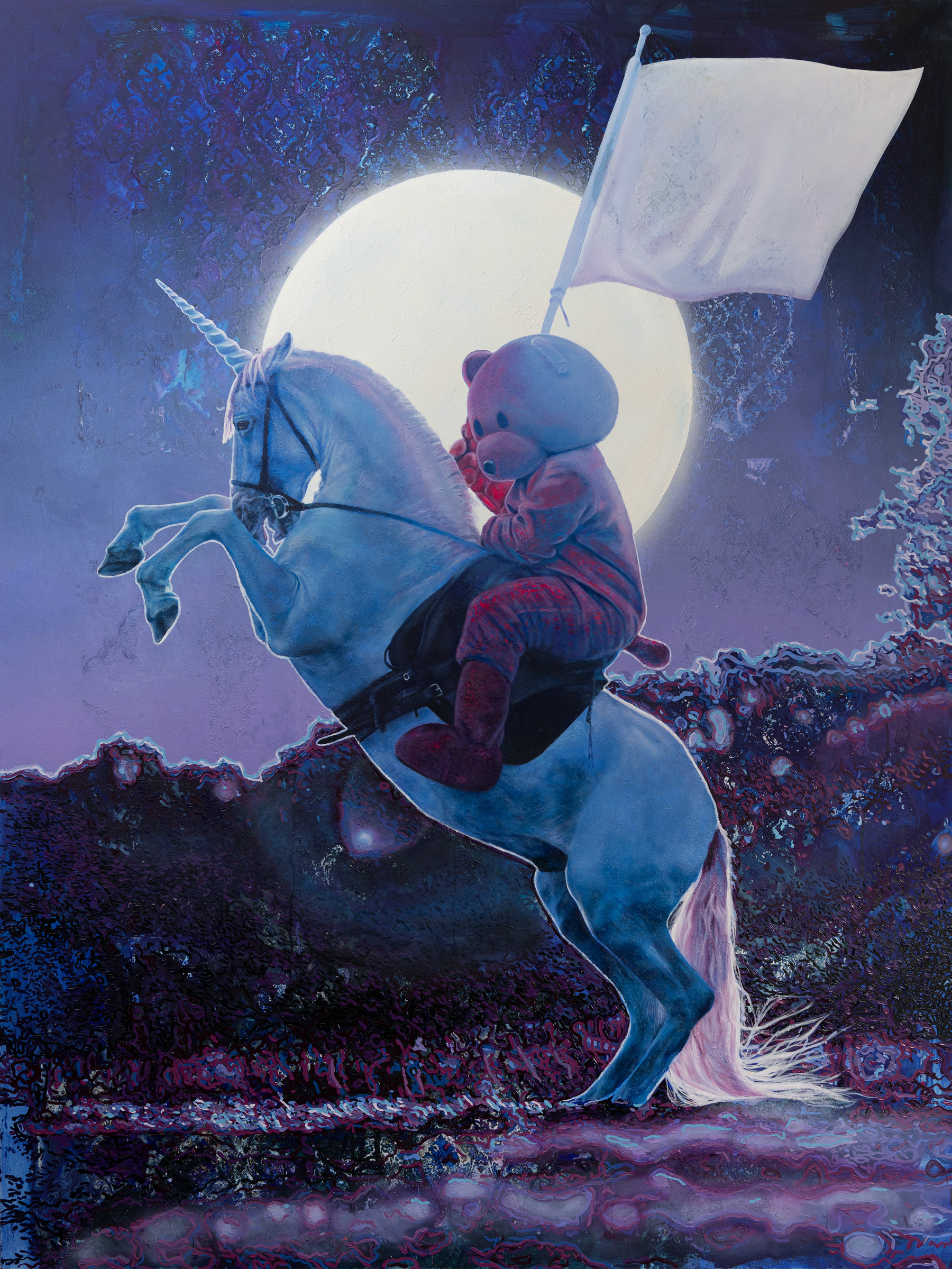 The Pink Bear Riding a Unicorn at night.