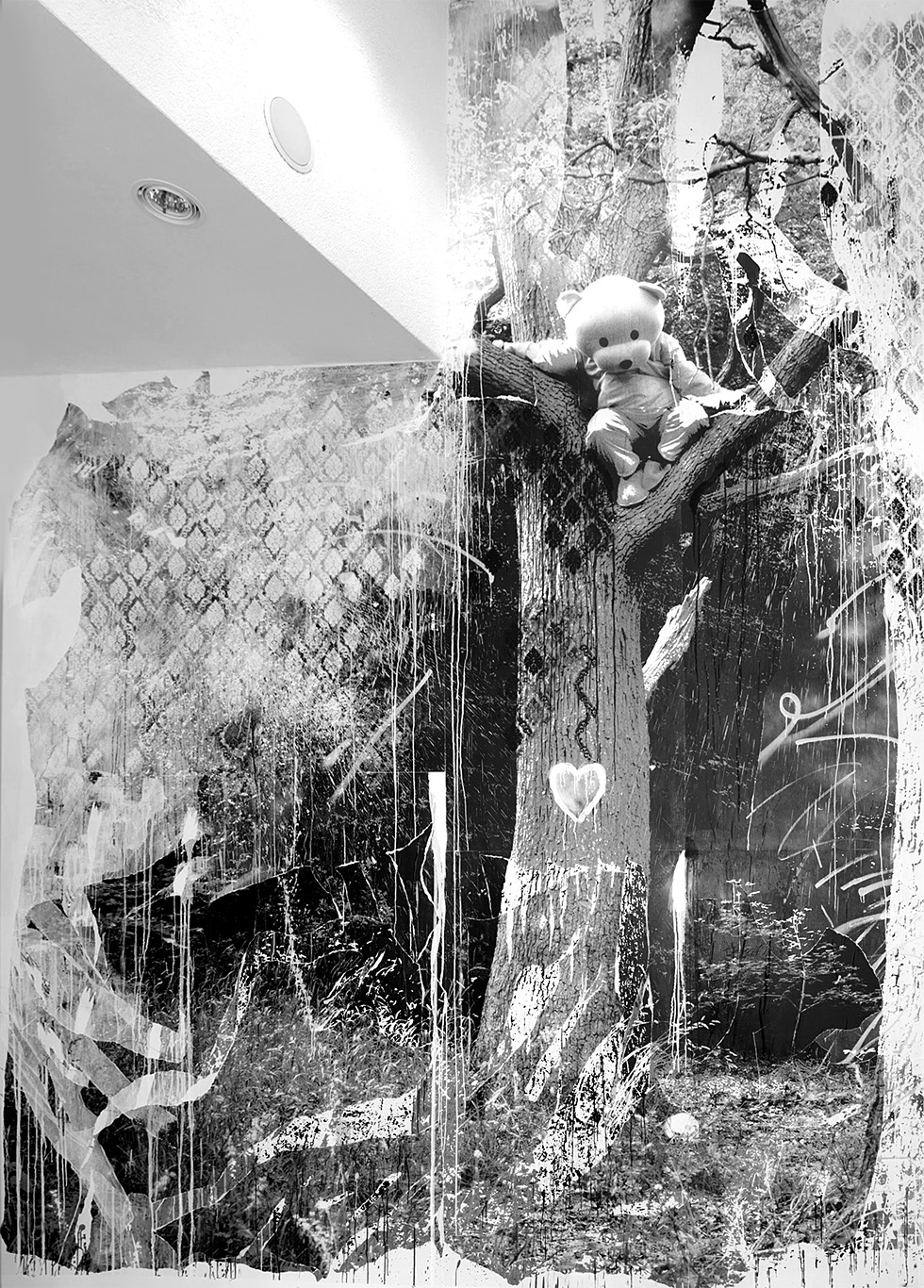 Recollection Of Innocence - Large painted Mural at Skog 42 in Germany. The mural merges fine art, photography, and street art.